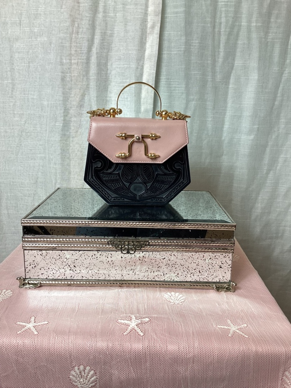 Okhtein Aziza Top-Handle Leather Mini Purse- Black & Pink